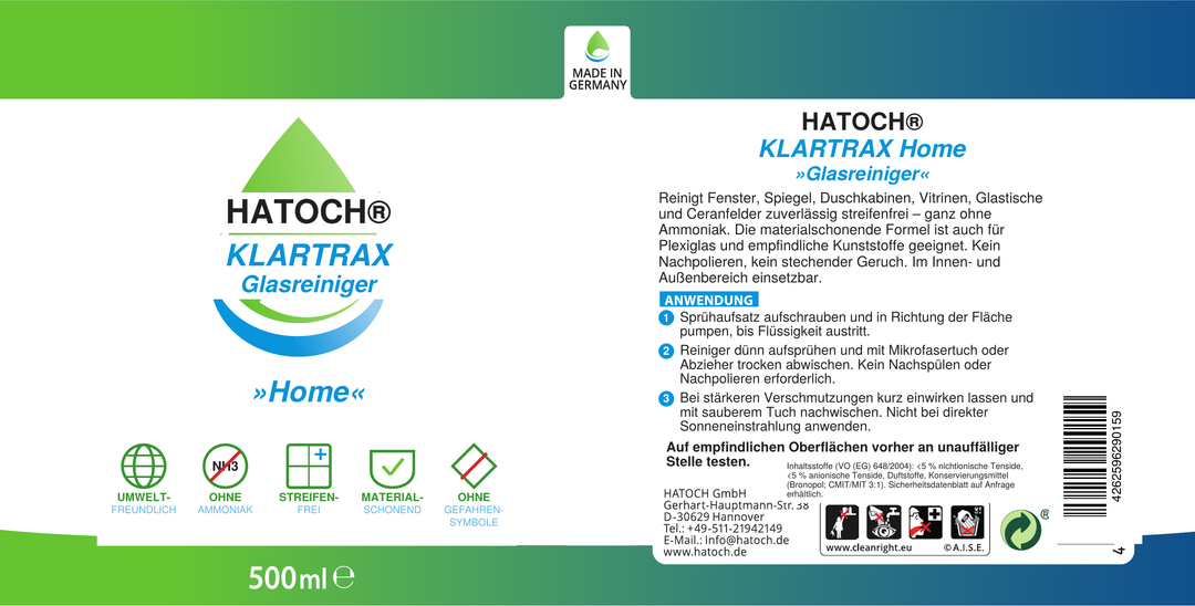 HATOCH KLARTRAX Home Glasreiniger ohne Ammoniak, 500 ml Sprühflasche