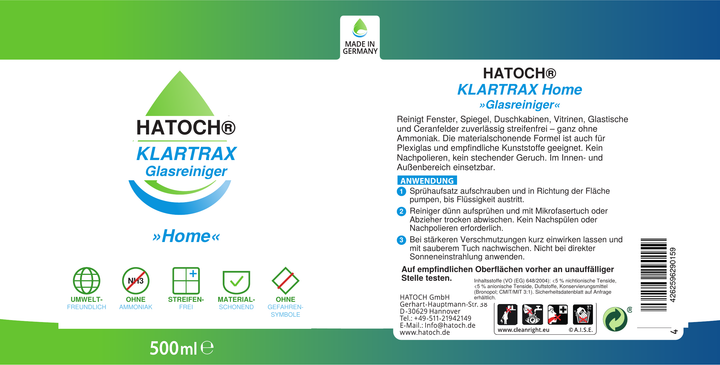 HATOCH KLARTRAX Home Glasreiniger ohne Ammoniak, 500 ml Sprühflasche